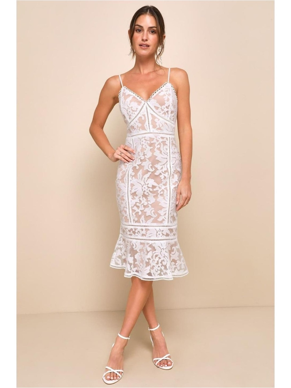 Lulus Alluring Love White and Beige Lace Trumpet Hem Midi Dress Sleeveless Small